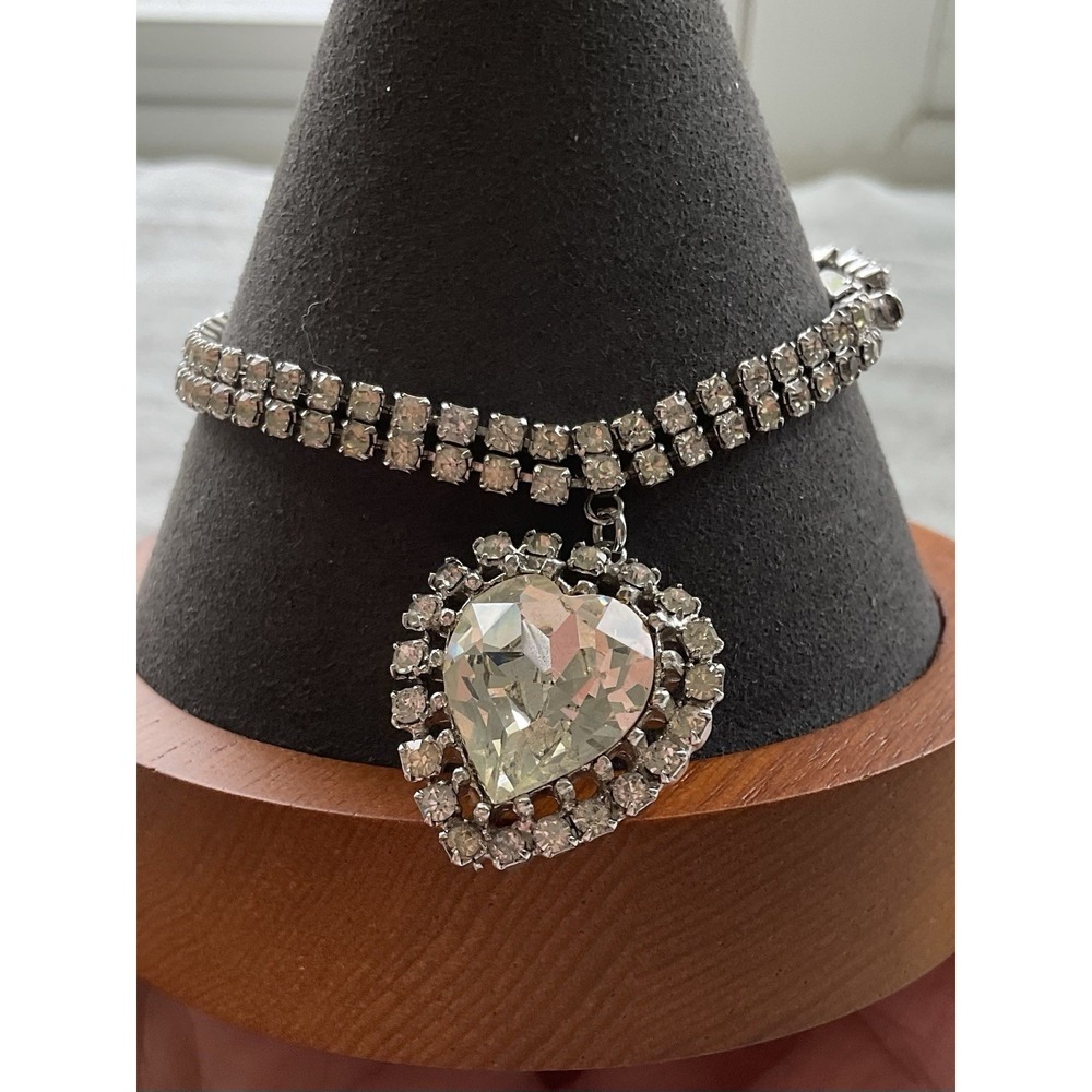 Vintage double-strand rhinestone Bracelet Crystal Heart Charm Tag Estate Jewelry